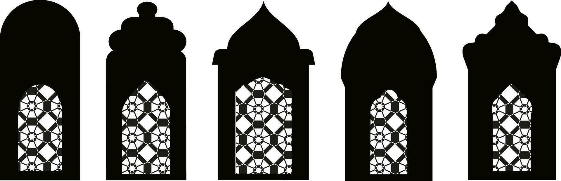 conjunto de negro y blanco siluetas de islámico ventanas.arabe marco conjunto.ramadan kareem simbol icono. vector