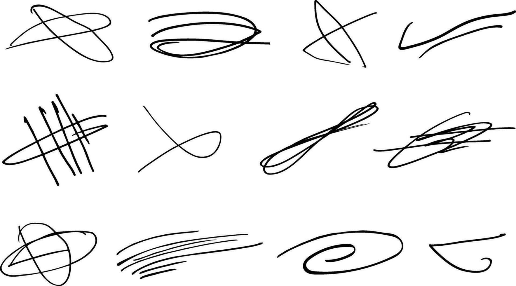 rápido retorcido y cruzado tachados conjunto de realce líneas y firmas cepillo carrera marcadores o tinta.doodle vector gráfico elementos.