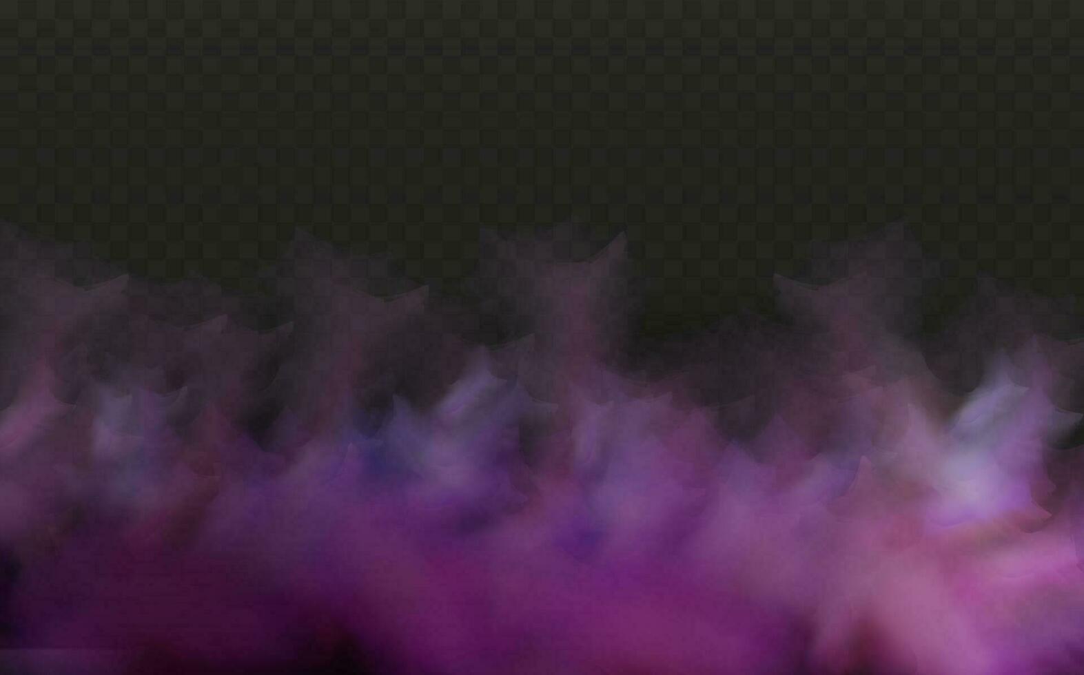 Realistic scary mystical fog in night Halloween. Purple poisonous gas, dust and smoke effect on transparent dark background.Vector illustration. vector