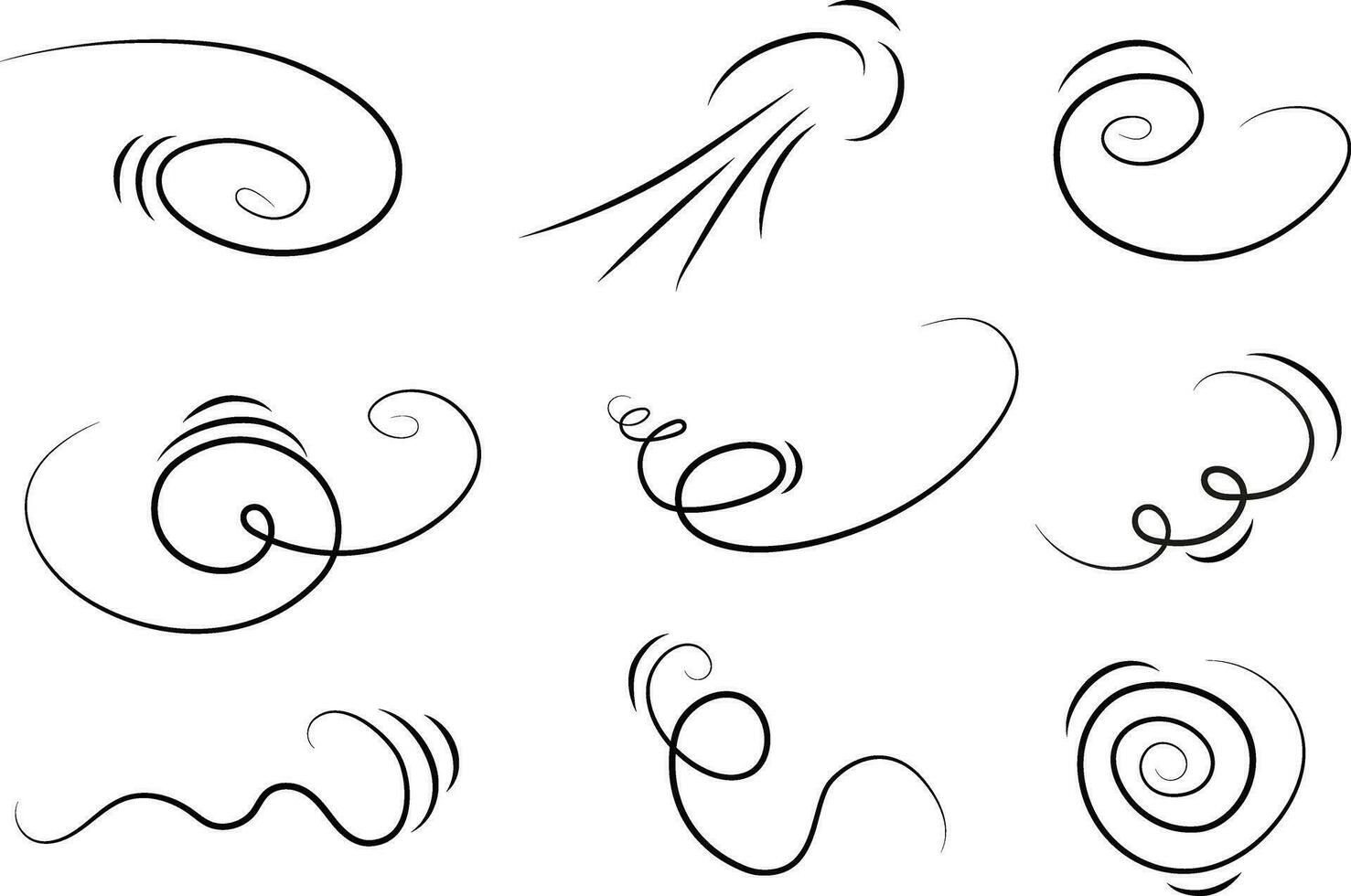 Outline drawing of a breath of wind.Wind blow  set in line style.Wave flowing illustration with hand drawn doodle cartoon style. vector