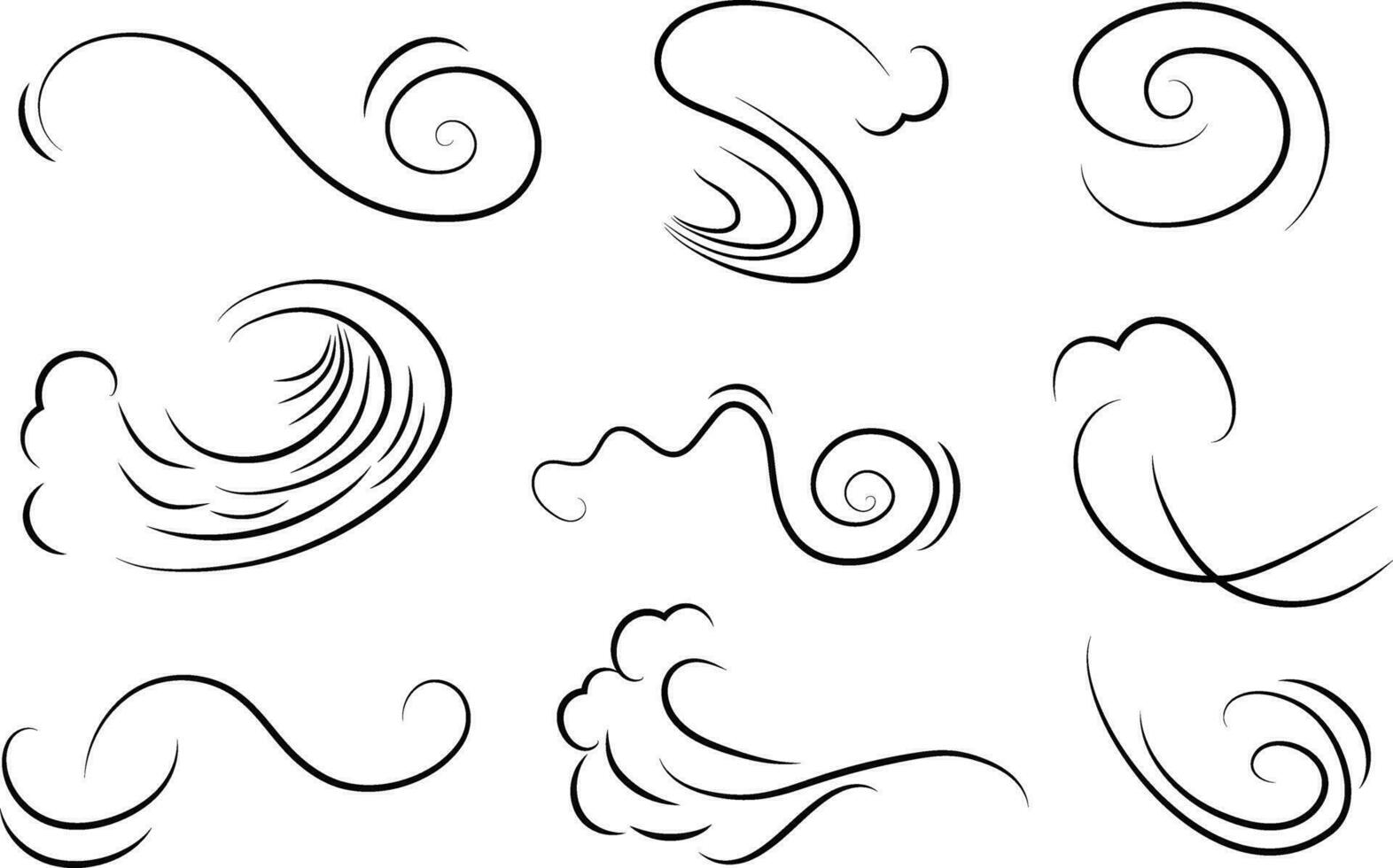 Outline drawing of a breath of wind.Wind blow  set in line style.Wave flowing illustration with hand drawn doodle cartoon style. vector