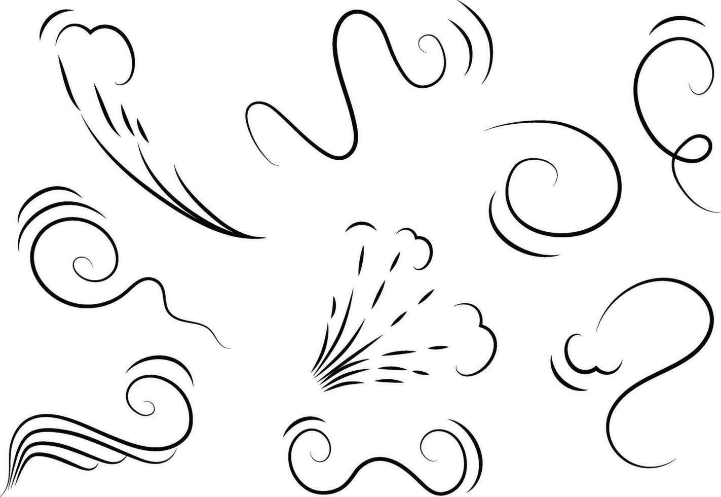 Outline drawing of a breath of wind.Wind blow  set in line style.Wave flowing illustration with hand drawn doodle cartoon style. vector