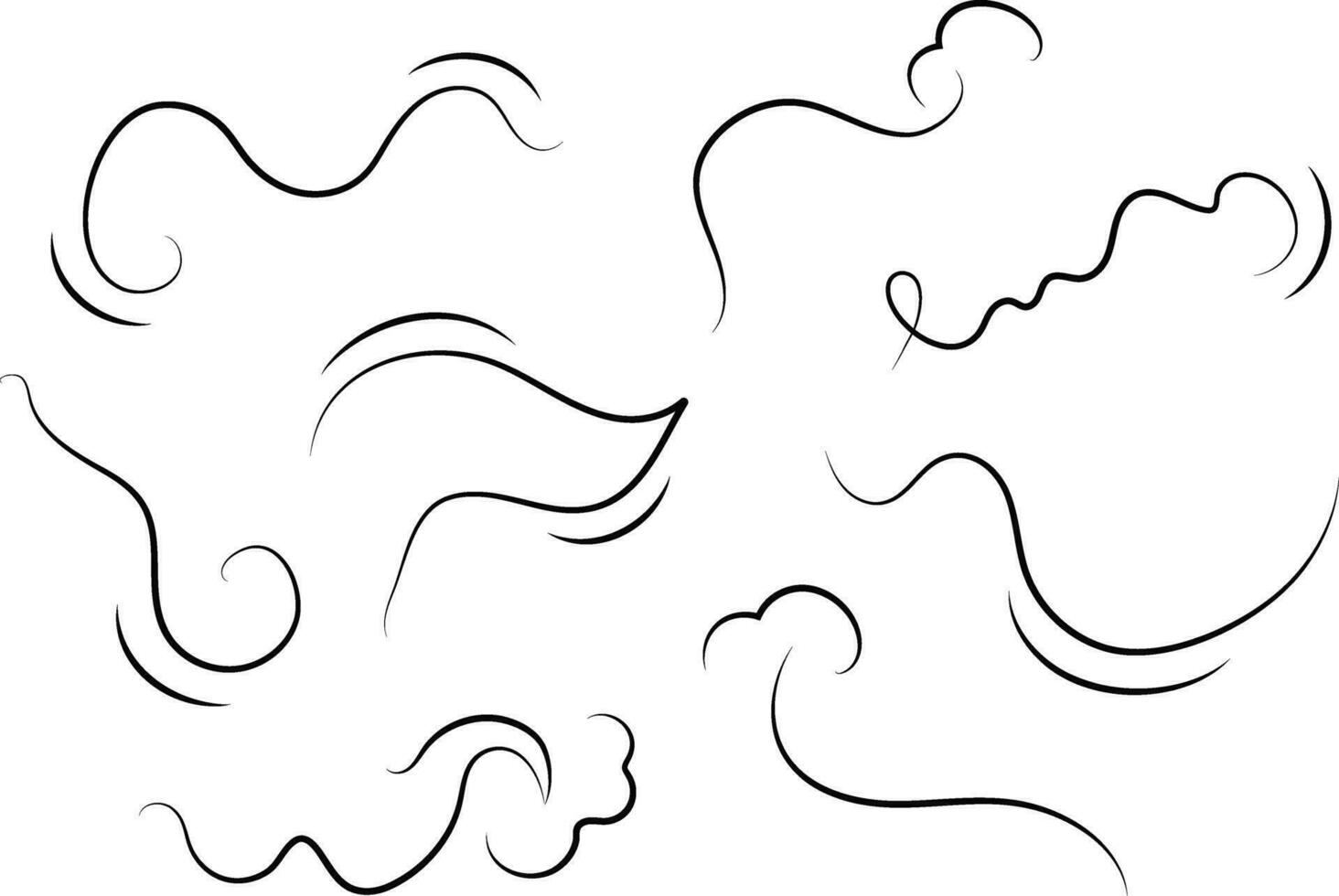 Outline drawing of a breath of wind.Wind blow  set in line style.Wave flowing illustration with hand drawn doodle cartoon style. vector