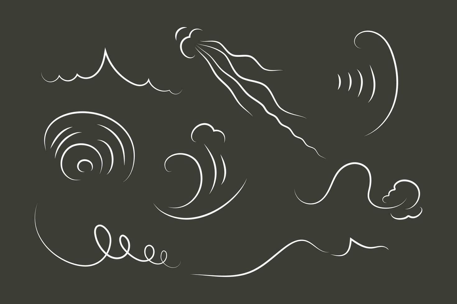 Outline drawing of a breath of wind.Wind blow  set in line style.Wave flowing illustration with hand drawn doodle cartoon style. vector