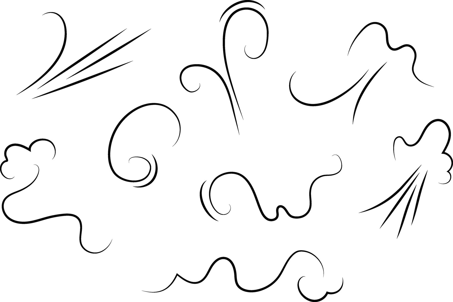 Outline drawing of a breath of wind.Wind blow set in line style.Wave