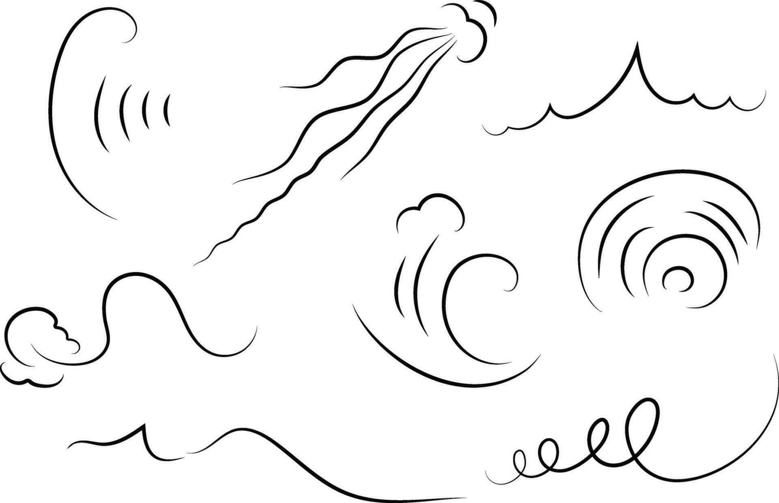 Outline drawing of a breath of wind.Wind blow  set in line style.Wave flowing illustration with hand drawn doodle cartoon style. vector