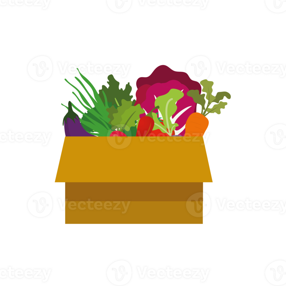 Fresh healthy vegetables and fruits in a delivery box, online grocery shopping concept png