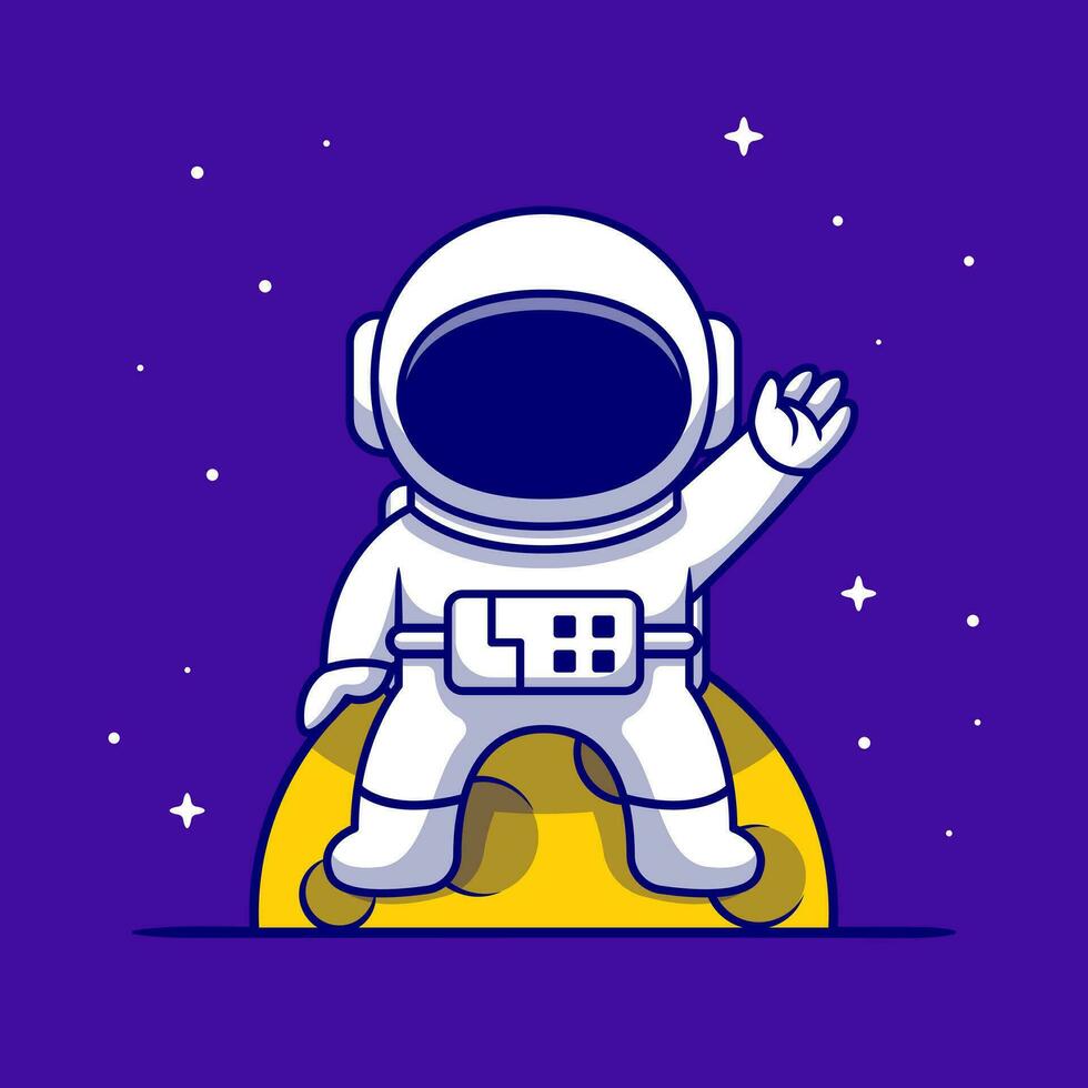 Cute Astronaut Sitting On Moon And Waving Hand Cartoon  Vector Icon Illustration. Science Technology Icon Concept  Isolated Premium Vector. Flat Cartoon Style