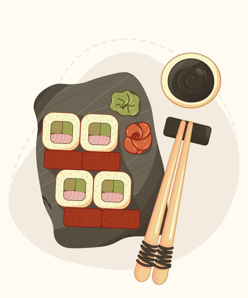 Sushi rolls on a stone board with chopsticks and sauce, ginger, wasabi. Asian food, Japanese food vector illustration for menu and print.