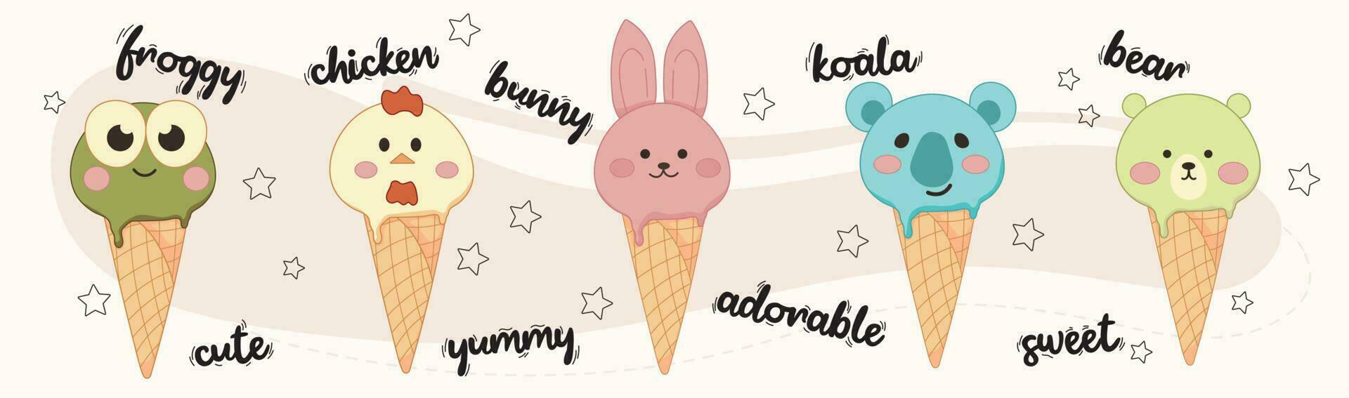 kawaii animal hielo crema conjunto con letras. asiático comida en dibujos animados estilo. rana, pollo, conejito, coala, oso. vector