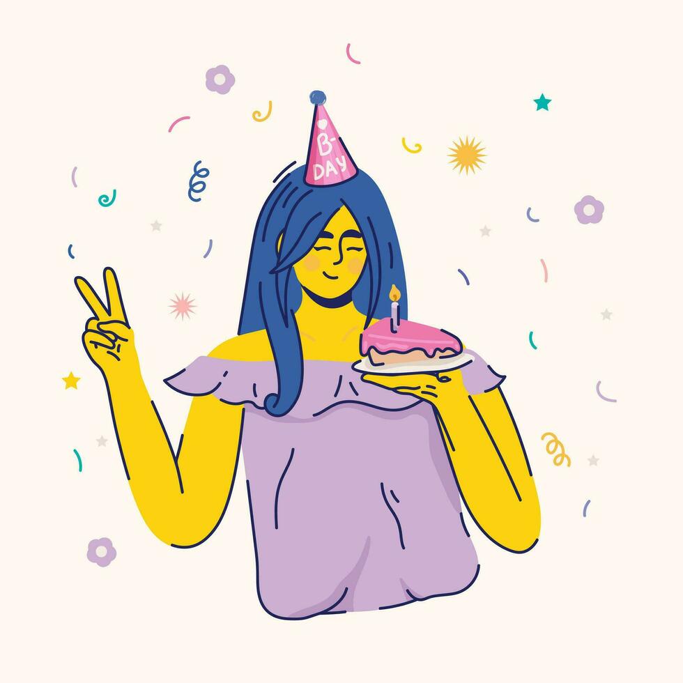 Birthday girl illustration in a trendy hand drawn style. Girl character in a birthday party hat with a cake. Festive vector illustration for a card, invitation, banner, web