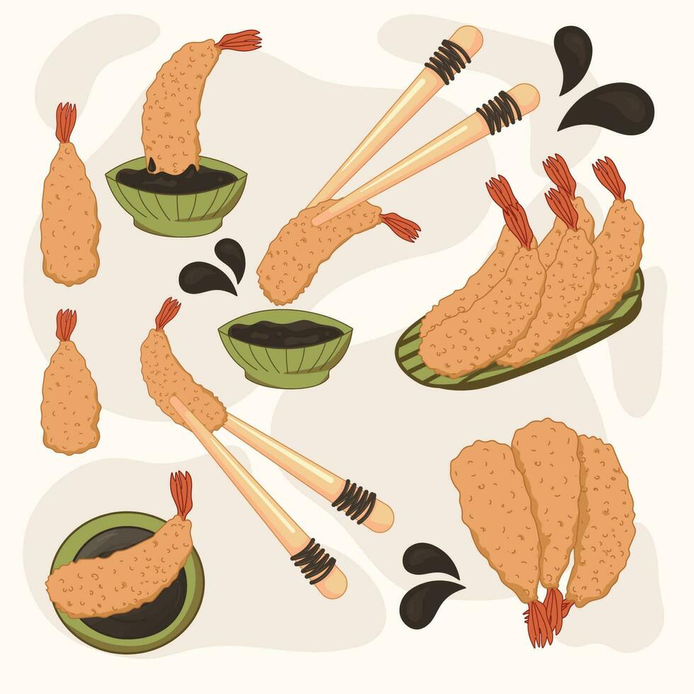 Tempura shrimps set with sauce. Asian food set on a plates and bowls vector