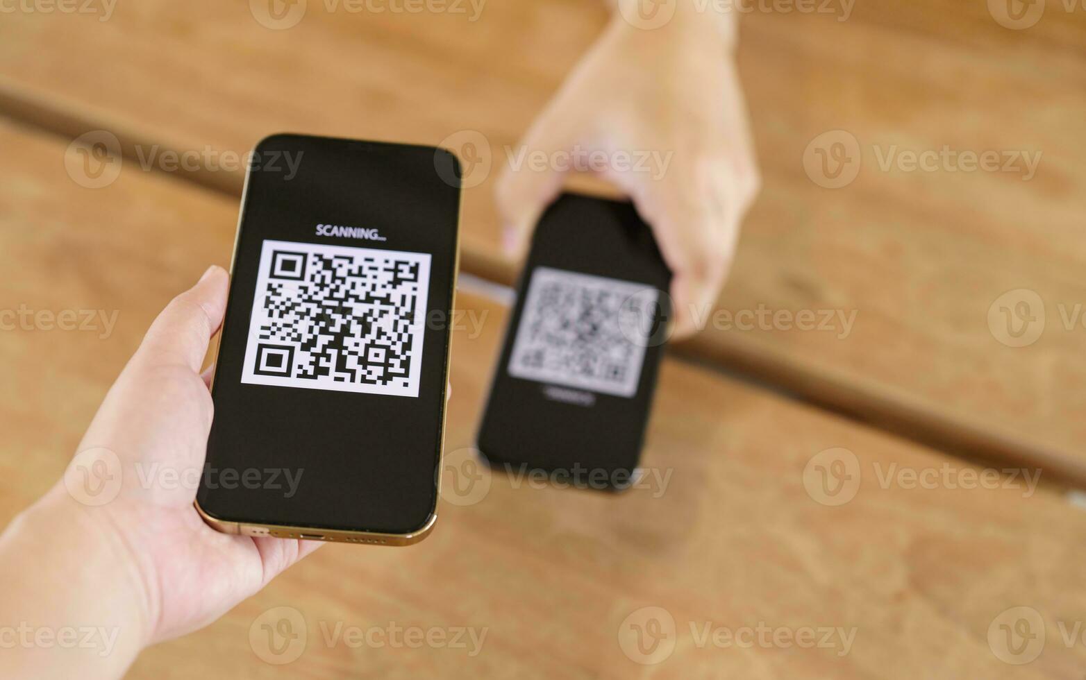 Qr code payment. E wallet. Man scanning tag accepted generate digital pay without money.scanning QR code online shopping cashless payment and verification technology concept. photo