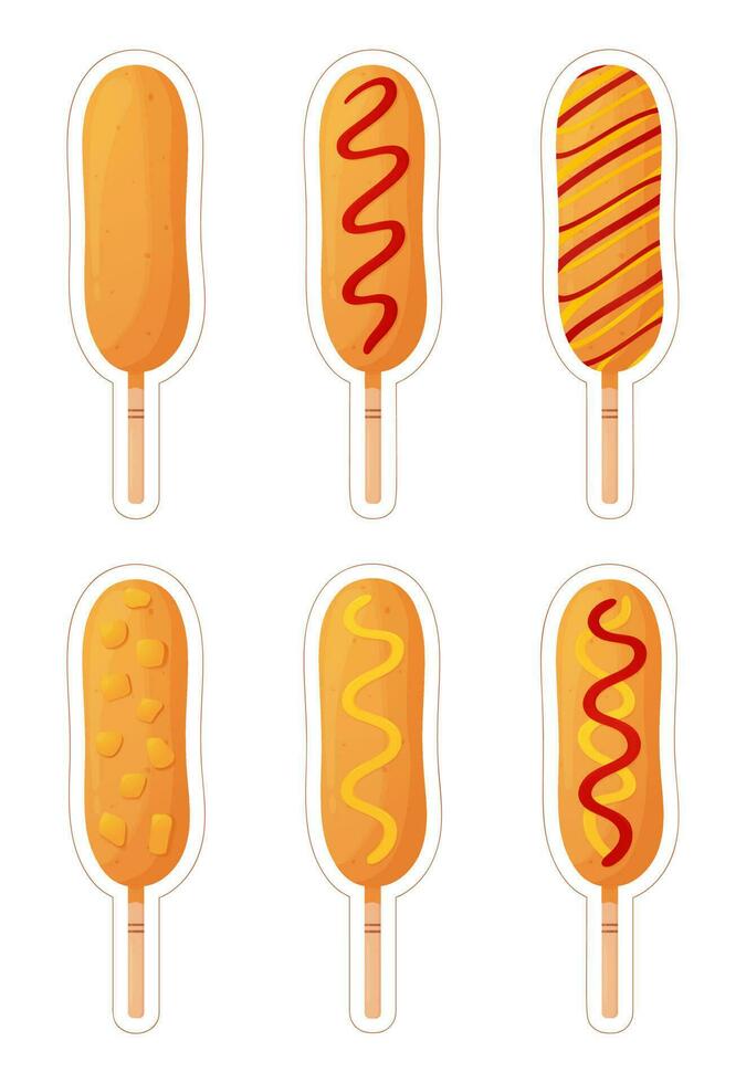 Set of Corn dogs for cut out. Sausage in dough on a stick with and without condiments. American or Korean street food. Detailed flat illustration. Fastfood concept. Isolated on a white background. vector