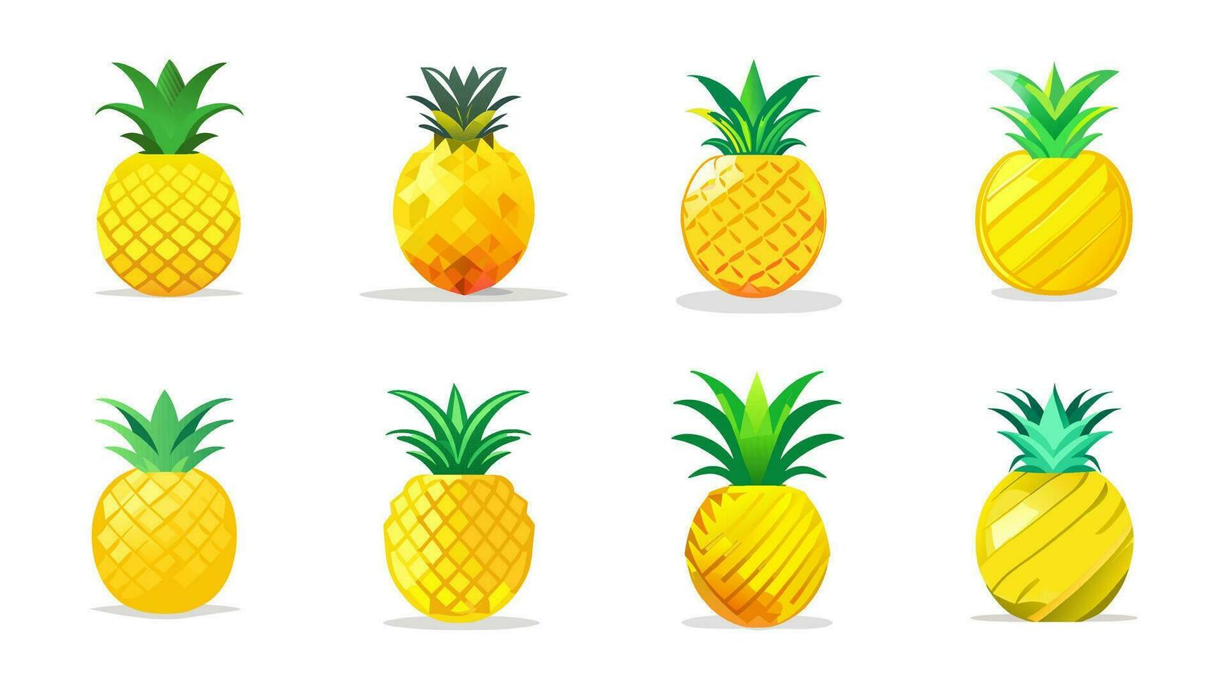 Set of yellow pineapples with green leaves, vector illustration isolated on white background. For graphic, web design, logo, print, icon, card, emblem, label