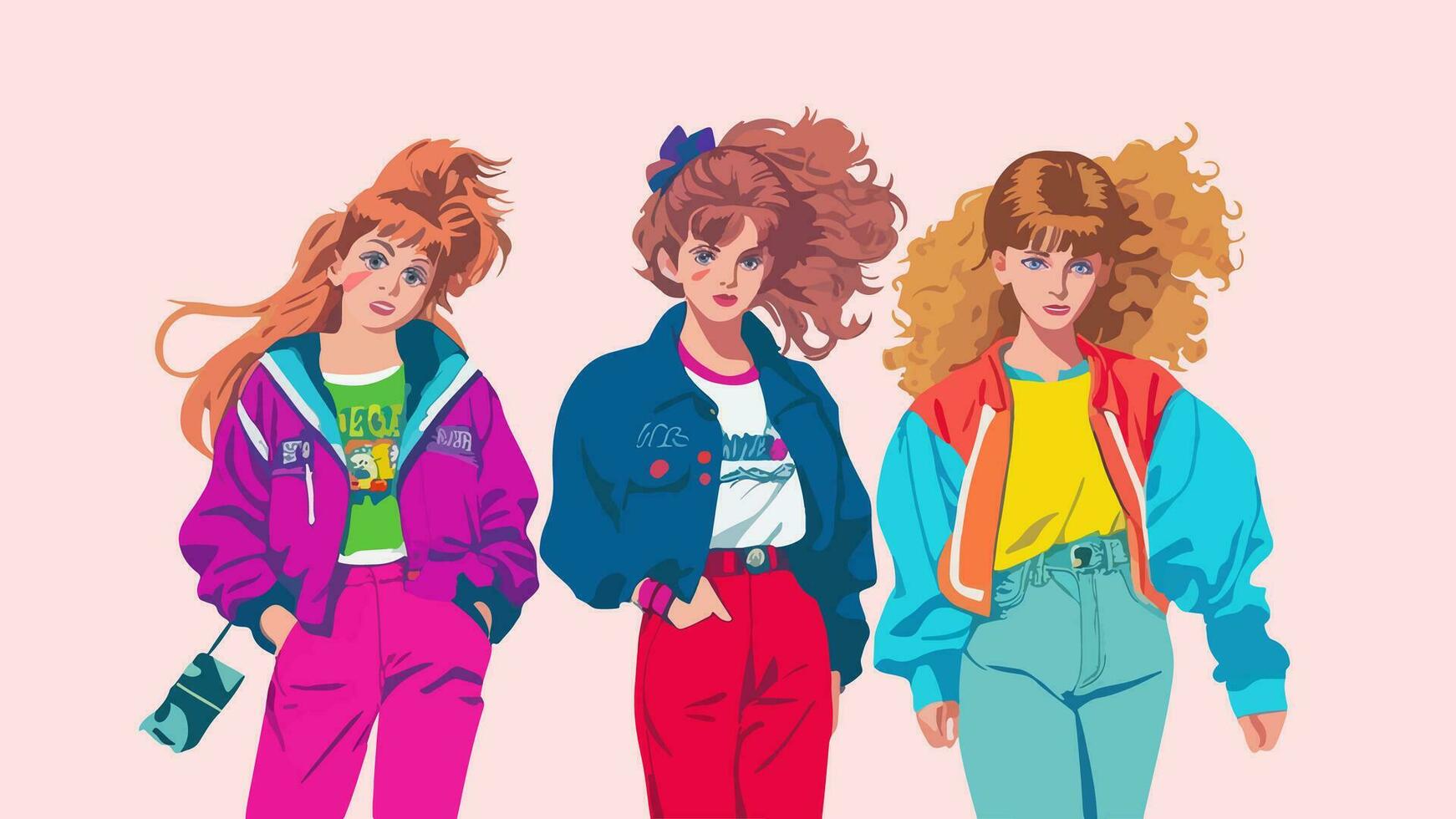 Three girls friends from the 90s. Set of illustrations. Collection of characters in trendy retro and memphis style. Fashionable, stylish girls in bright multi-colored clothes. Vector