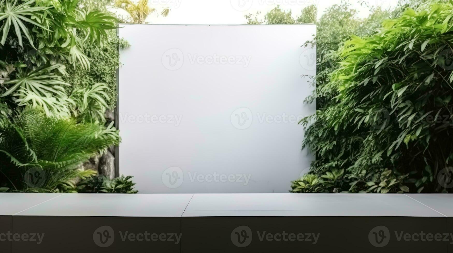 Empty white banner with mock up space white of signboard on plants wall space for text photo