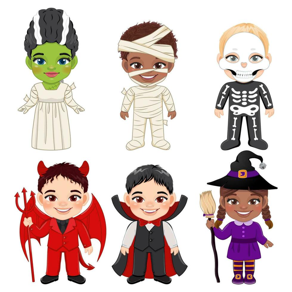 Set of Halloween children cartoon character. Kids in a different Halloween costumes with The Bride, Vampire, Mummy, Witch, Devil, Skeleton Ghost Vector