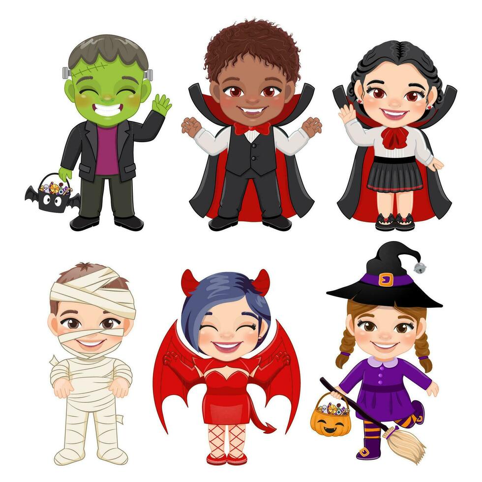 Set of Halloween children cartoon character. Kids in a different Halloween costumes with Mummy, Vampire, Witch, Devil, Dracula Vector