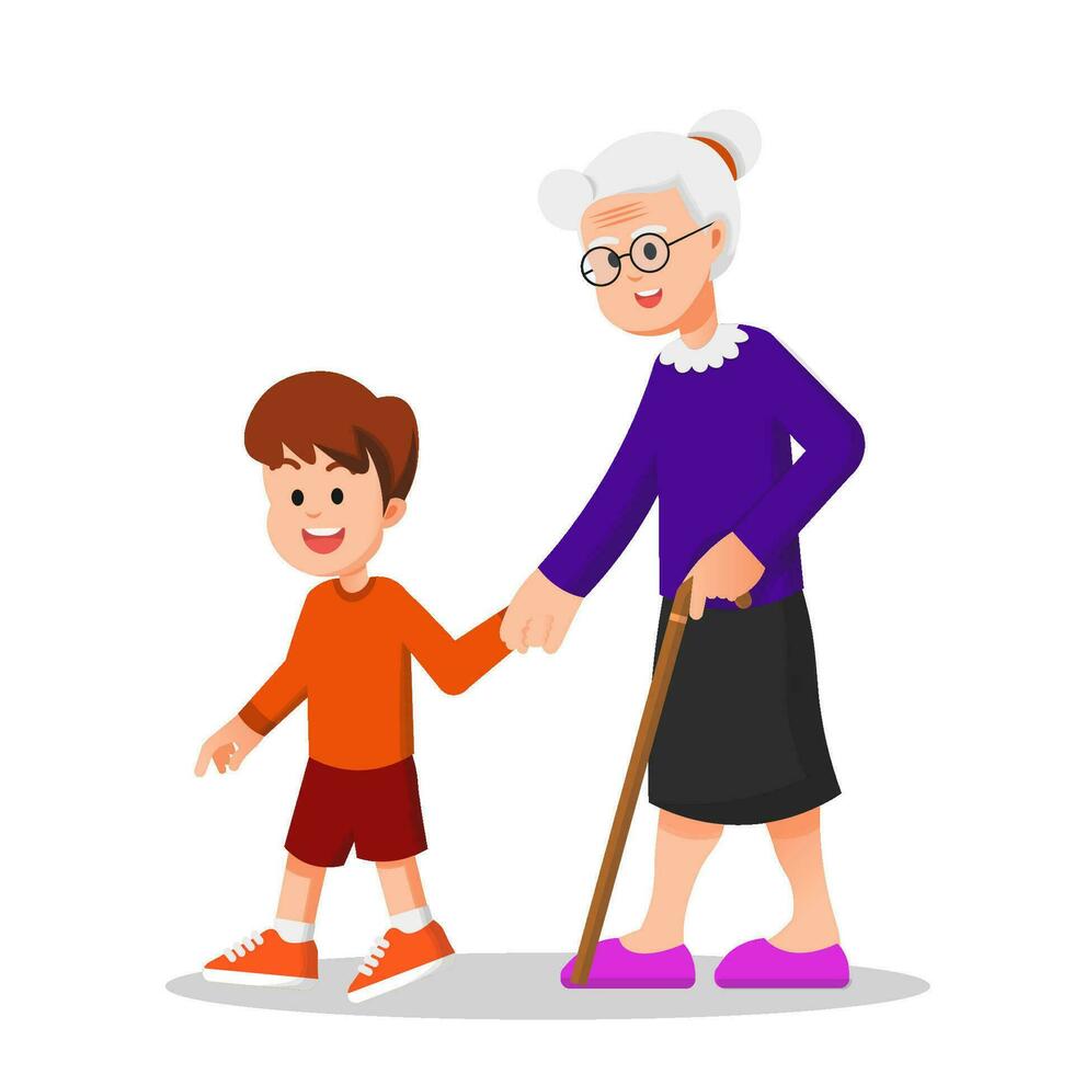 cute boy holding his grandmothers hand while walking vector