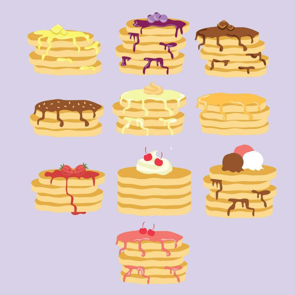 Pancakes with Sweet cakes with butter and chocolate sauce.  with fresh strawberries and vector raspberries Pro Vector