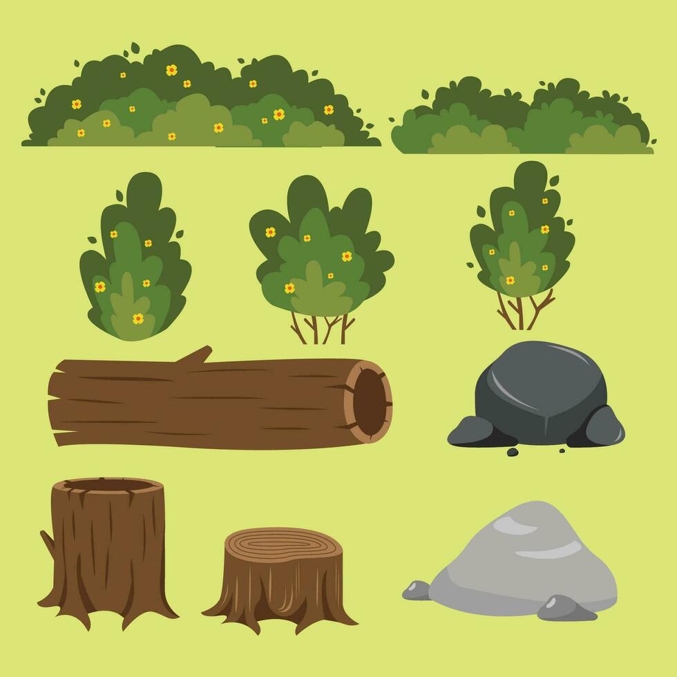 Grass Bushes and Hollow Trunk Rocks Illustration Pro Vector