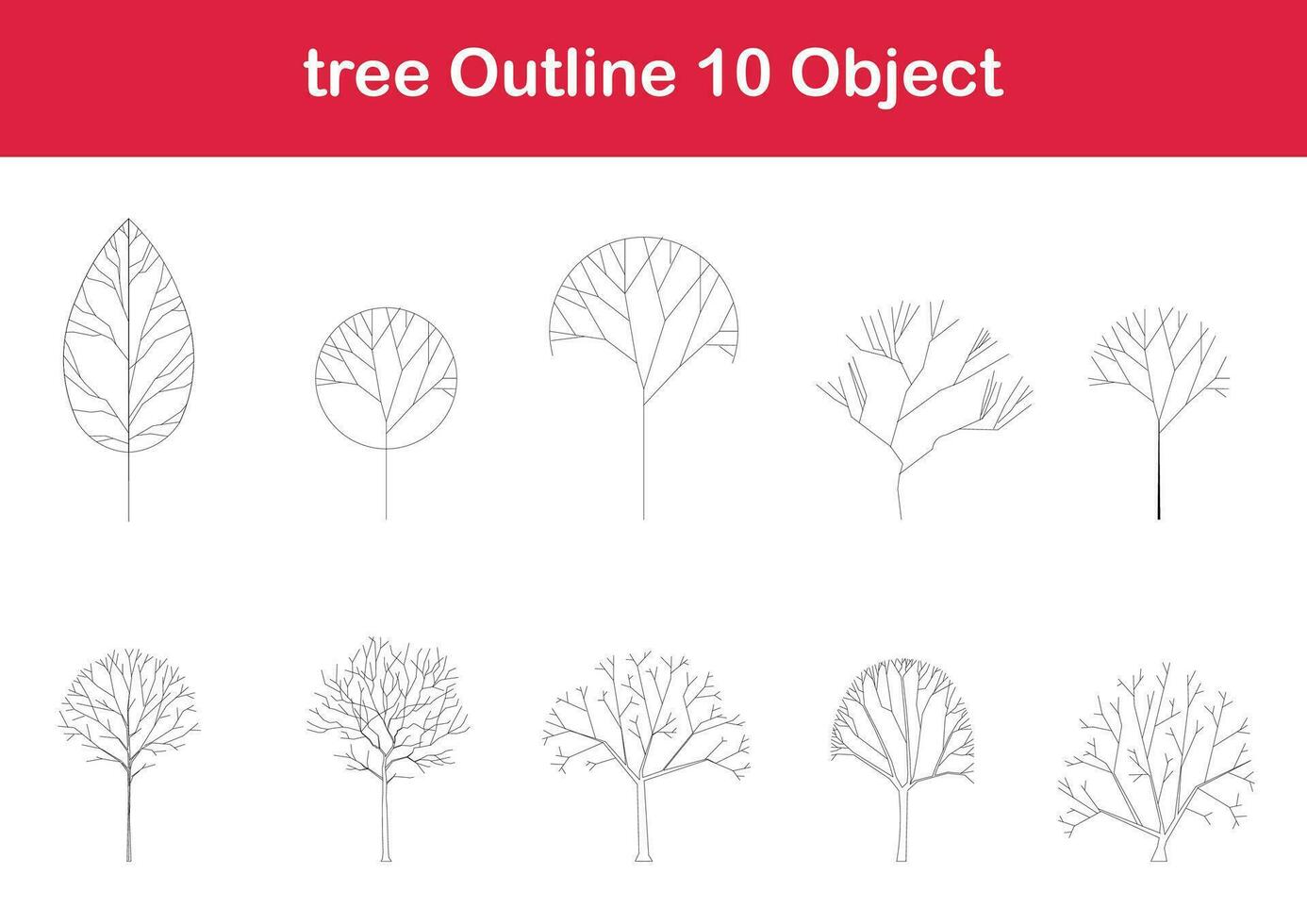 tree line drawing, Side view, graphics trees elements single object outline minimal plant symbol for architecture and landscape design. Vector illustration in stroke fill in white. forest, tropical.