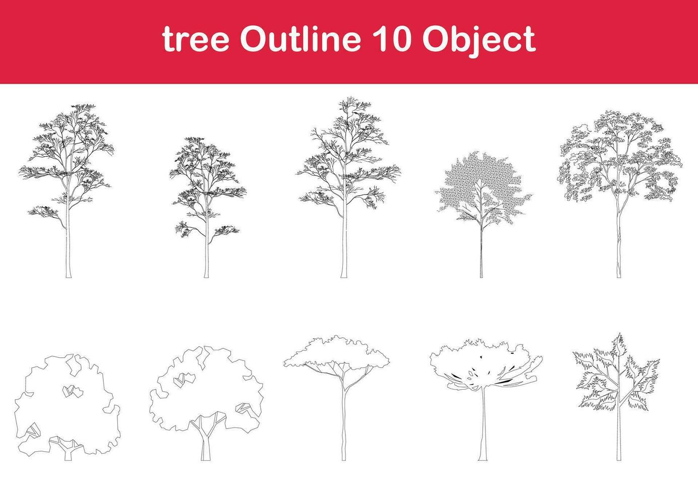 tree line drawing, Side view, graphics trees elements single object outline minimal plant symbol for architecture and landscape design. Vector illustration in stroke fill in white. forest, tropical.