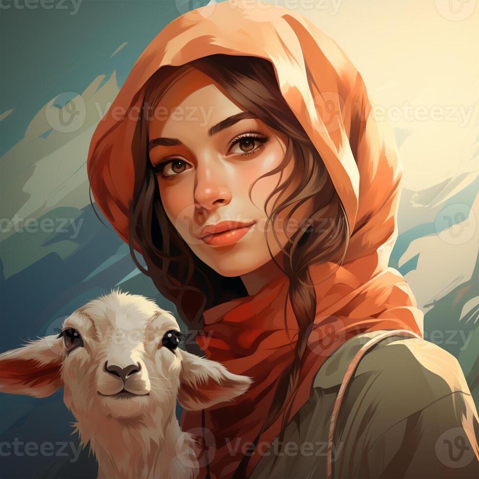 Hijab girl wearing blue color dress and hold goat photo