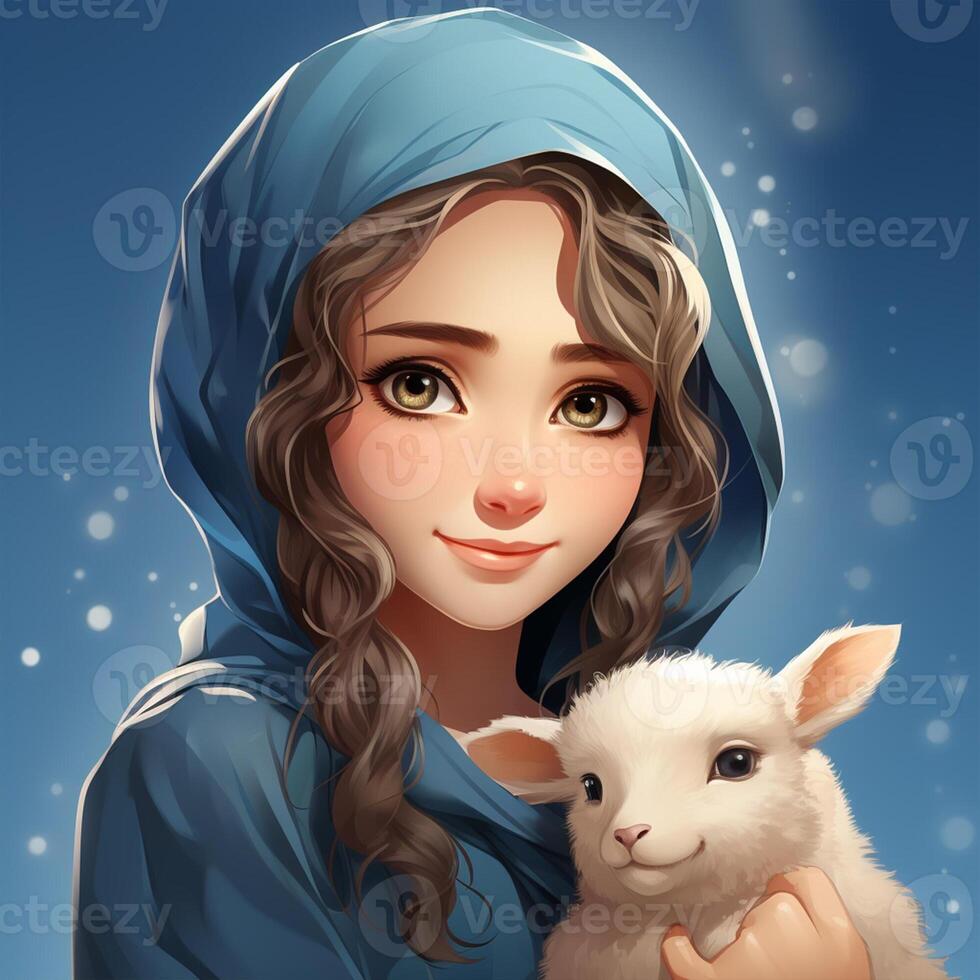 Hijab girl wearing blue color dress and hold goat photo