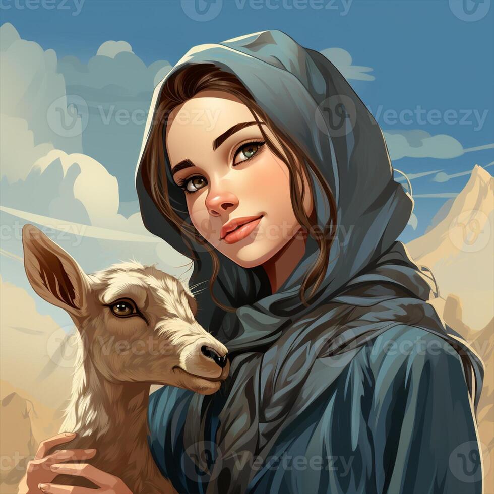 Hijab girl wearing blue color dress and hold goat photo