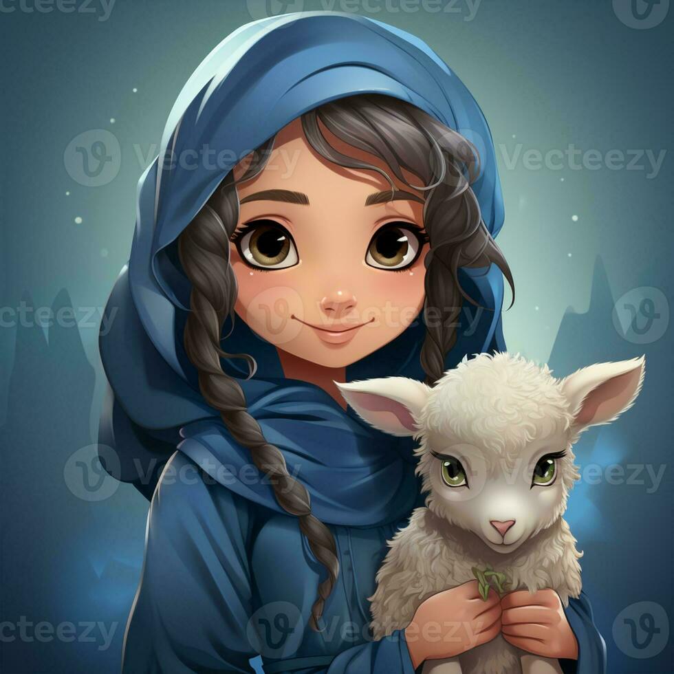 Hijab girl wearing blue color dress and hold goat photo