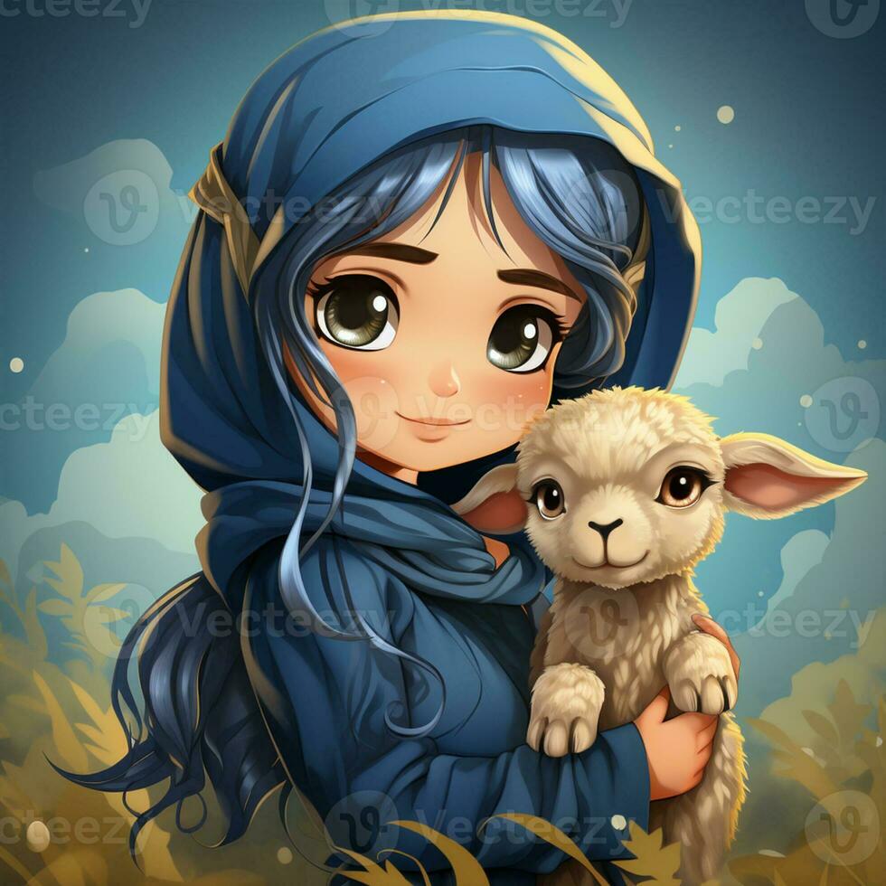 Hijab girl wearing blue color dress and hold goat photo