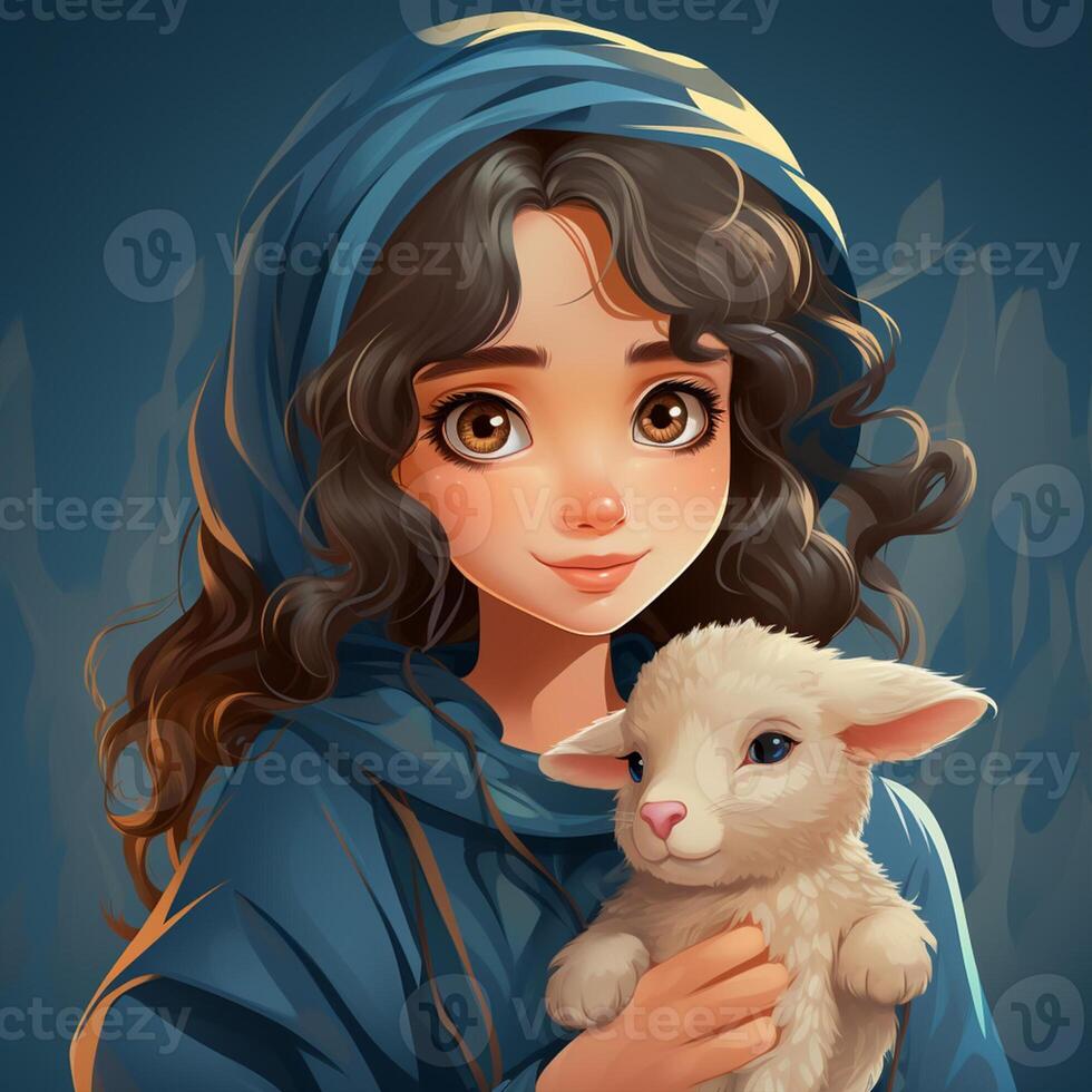 Hijab girl wearing blue color dress and hold goat photo