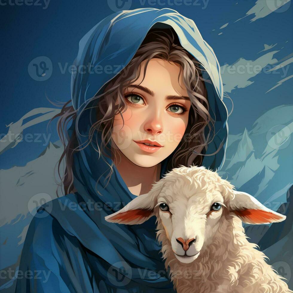 Hijab girl wearing blue color dress and hold goat photo