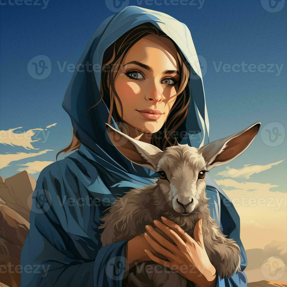 Hijab girl wearing blue color dress and hold goat photo