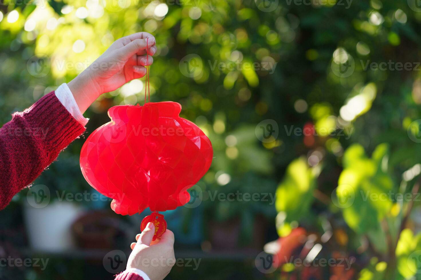 Asian Woman holding red Chinese new year lantern while decorated flat putting traditional pendant to the Chinese New Year Celebrations for good luck. chinese word means blessing. photo