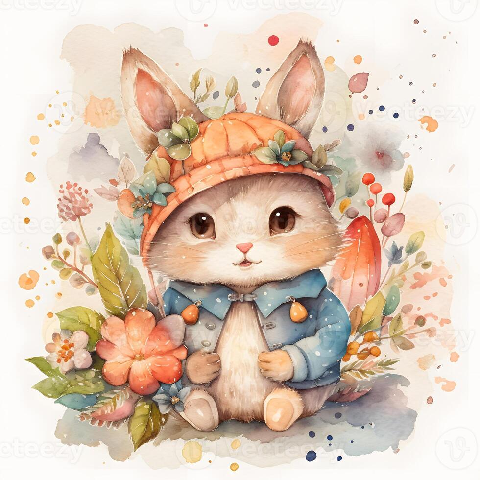 Watercolor illustration of cartoon cute bunny in a hat with flowers. Nursery clipart illustration. photo