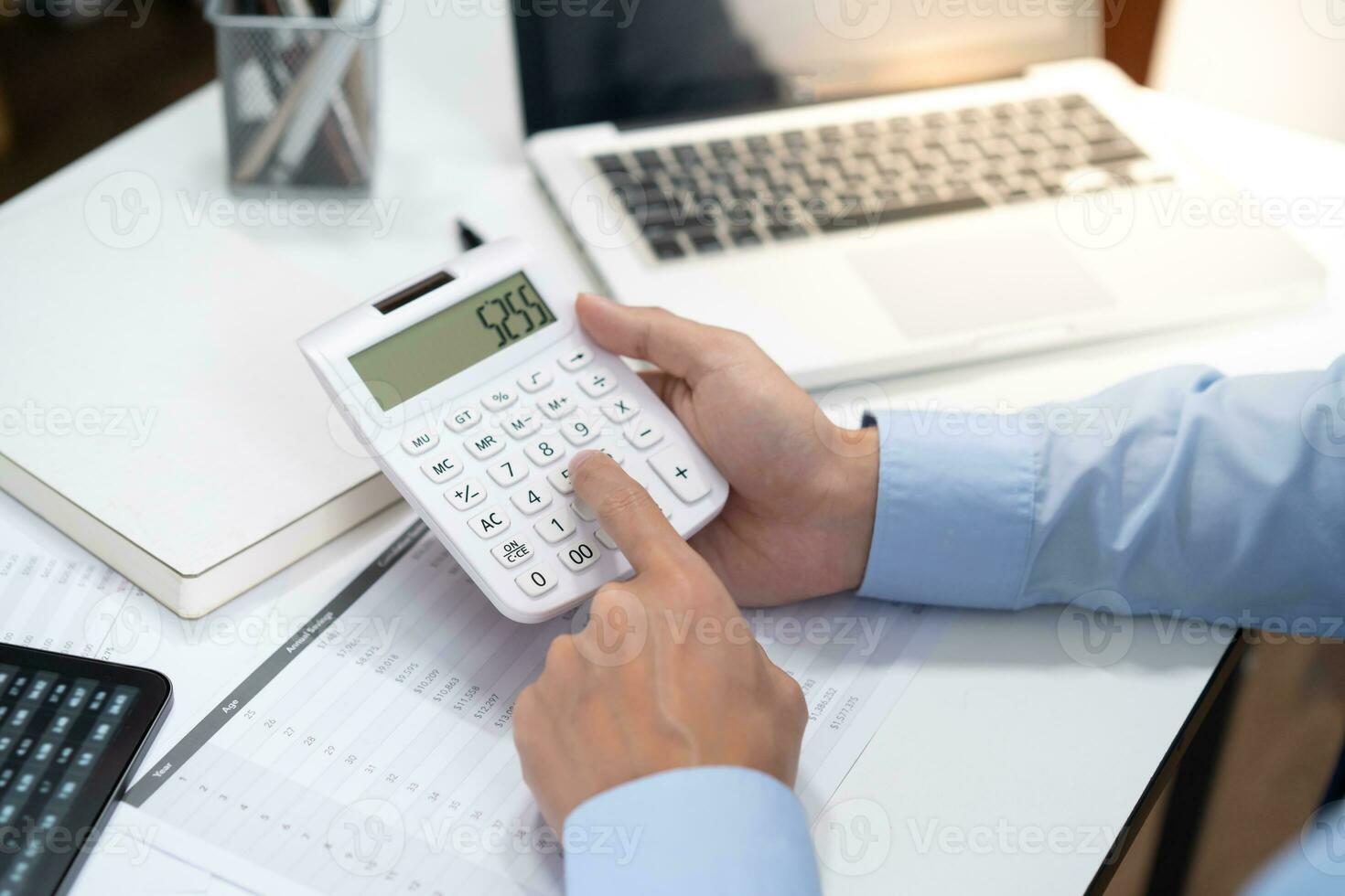 Business woman Accountant investment risk analysis. saving money for Stock market trading with calculator. Accountancy Concept. photo