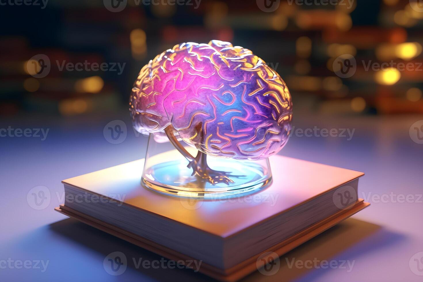 Colorful Glowing Brain on a book, Powering Knowledge and Imagination, photo