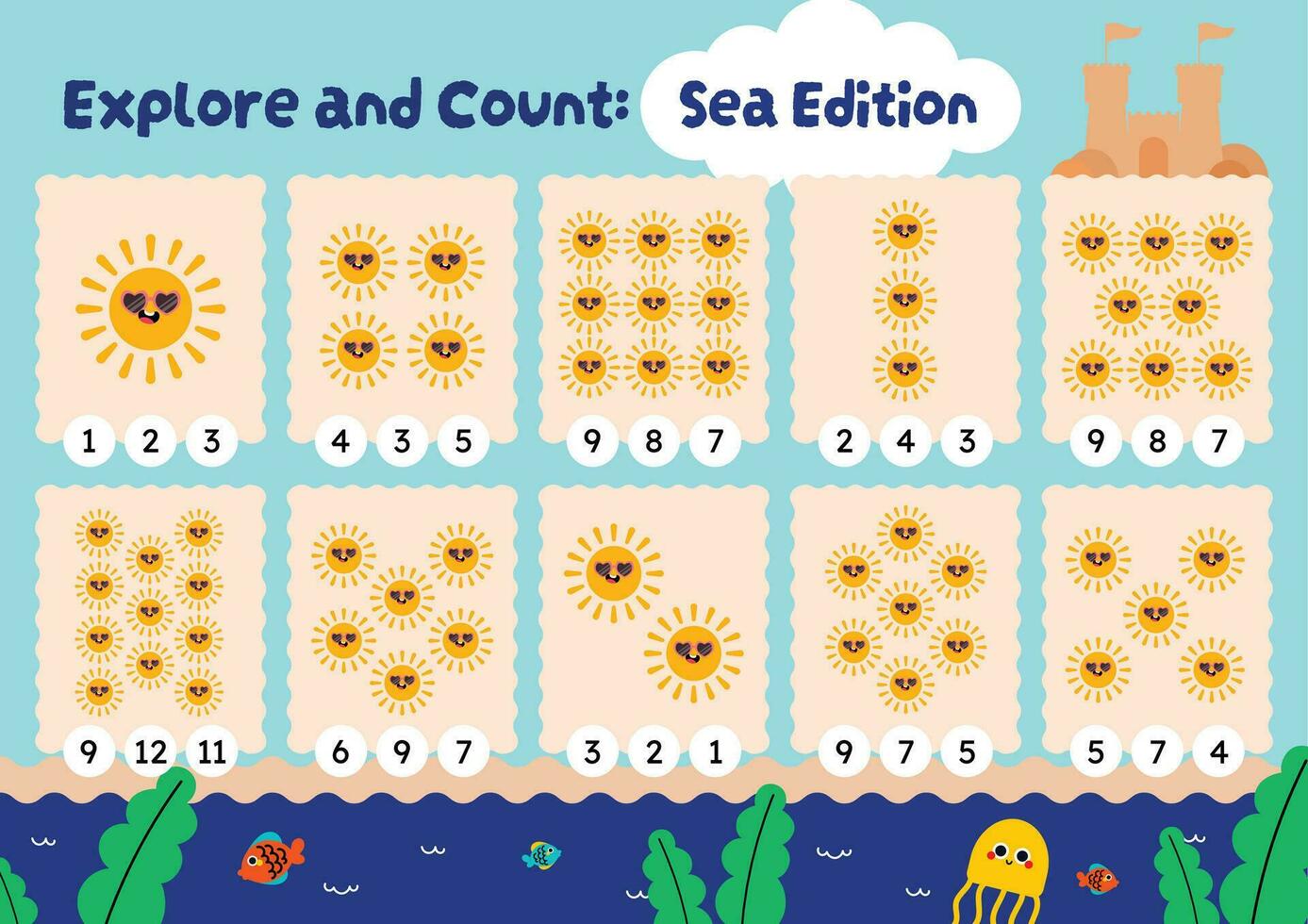 flat design vector colorful cute kids counting worksheet activity printable
