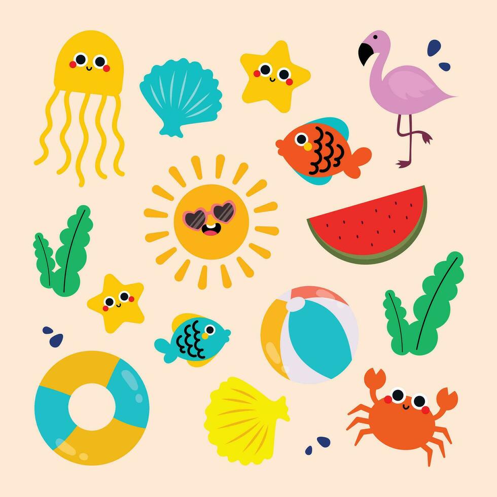 flat design vector cute colorful beach sea summer element sticker ...