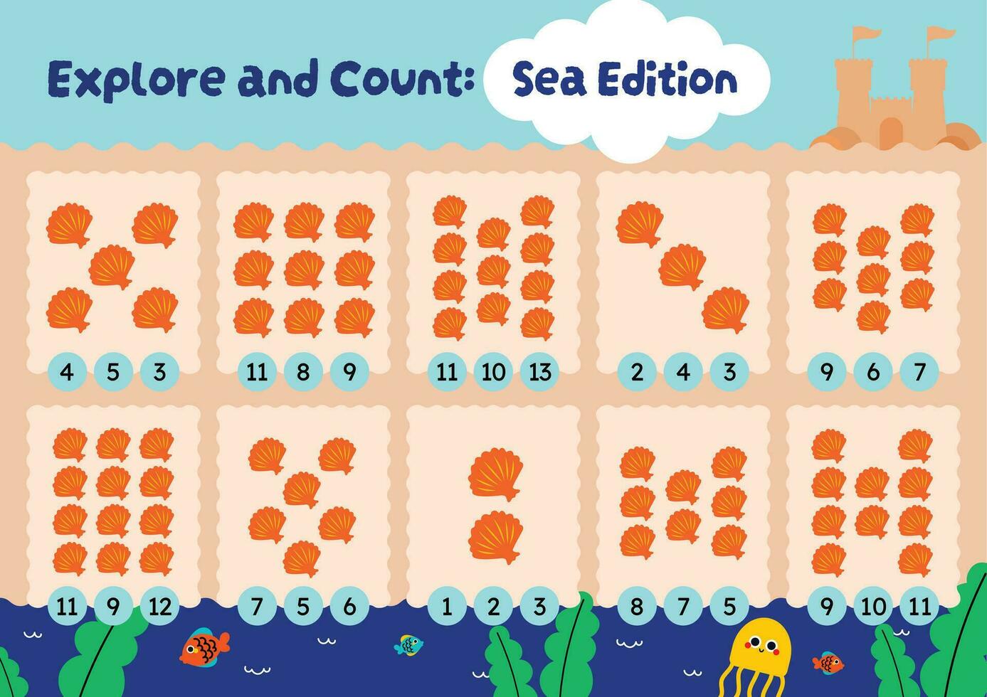 flat design vector colorful cute kids counting worksheet activity printable