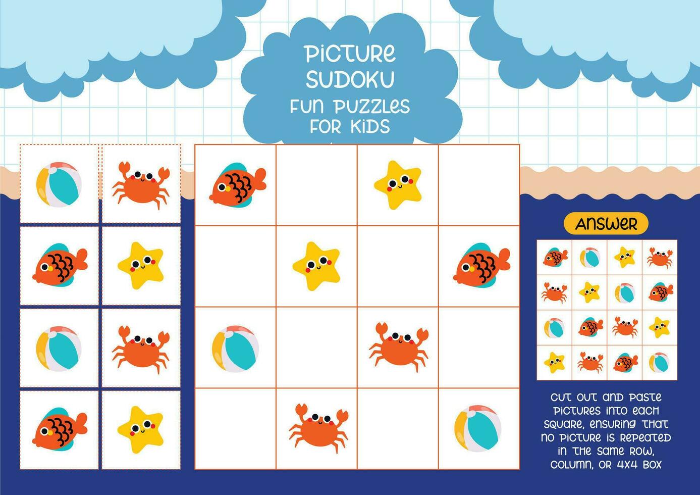 flat design vector kids picture sudoku cut and paste printable for kids activity