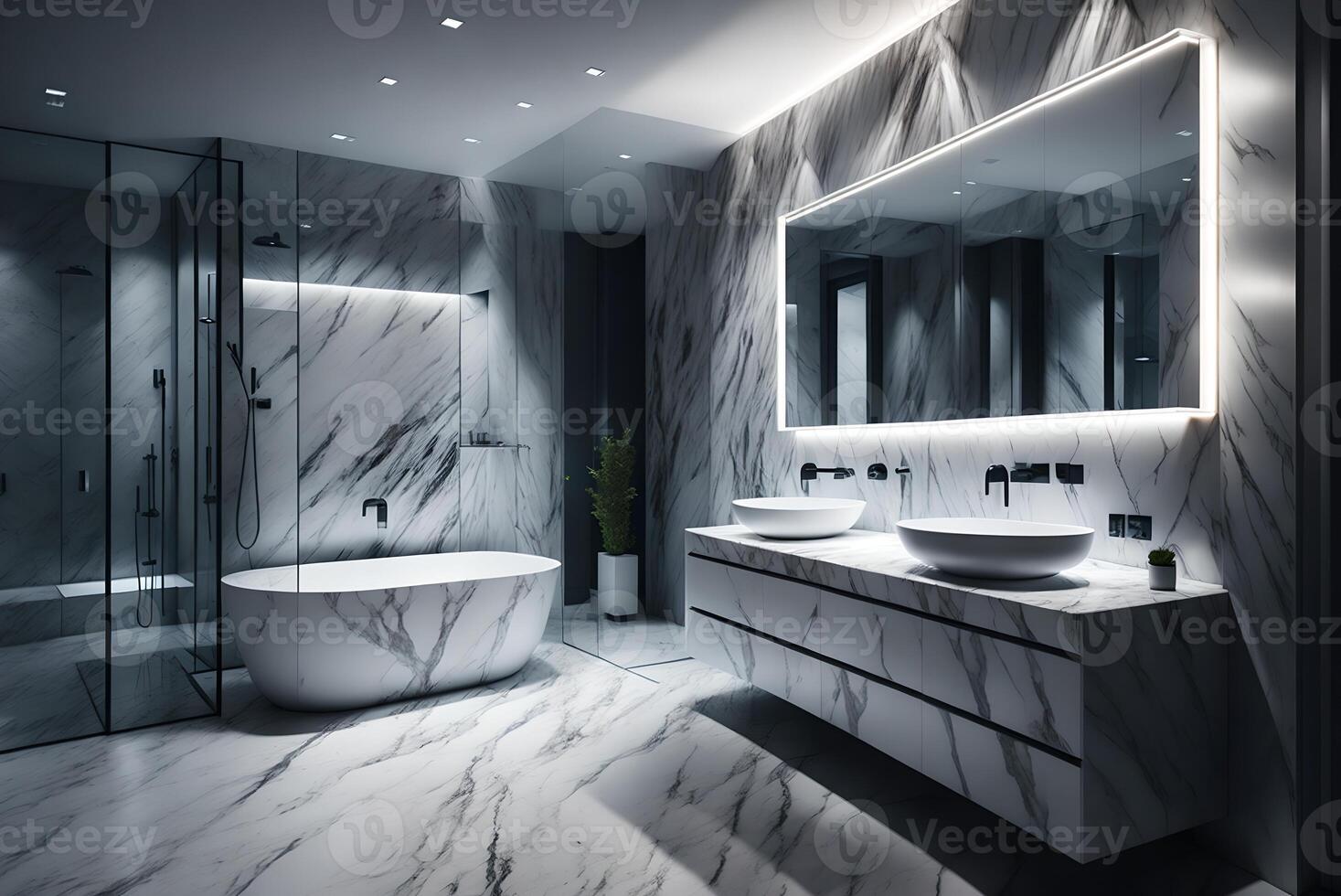 sleek grey marble bathroom with LED lighting, double vanity, and freestanding tub, photo