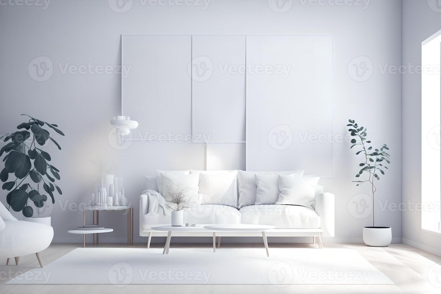 White minimalist living room interior with sofa on a wooden floor, decor on a large wall, white landscape in window. Home Nordic interior Scandinavian interior poster mock up, photo