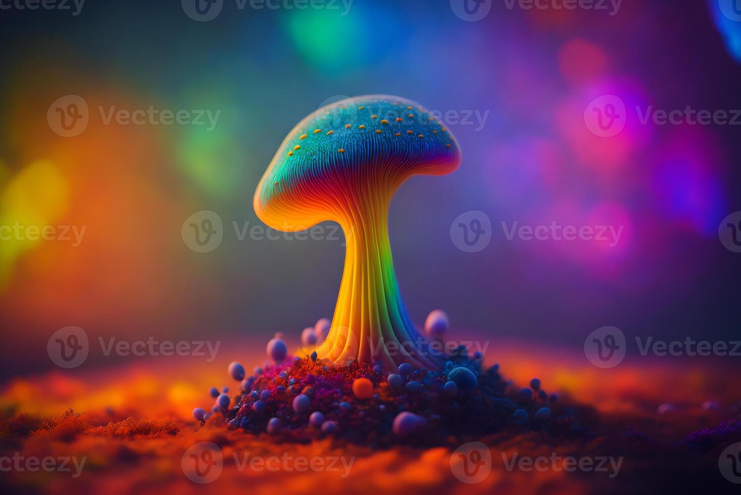 A stunning up-close look of a magic mushroom called psilocybin with rainbow colours on it, photo