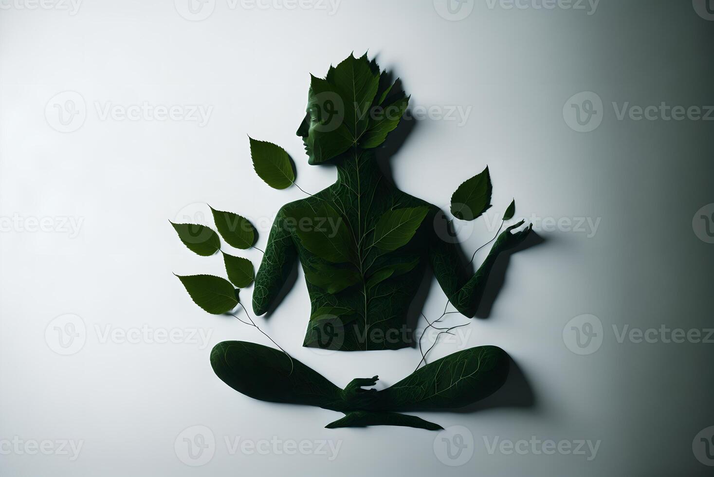 produced with technology. Man leaf-shaded silhouette in lotus position, contemplating. Mindfulness, photo