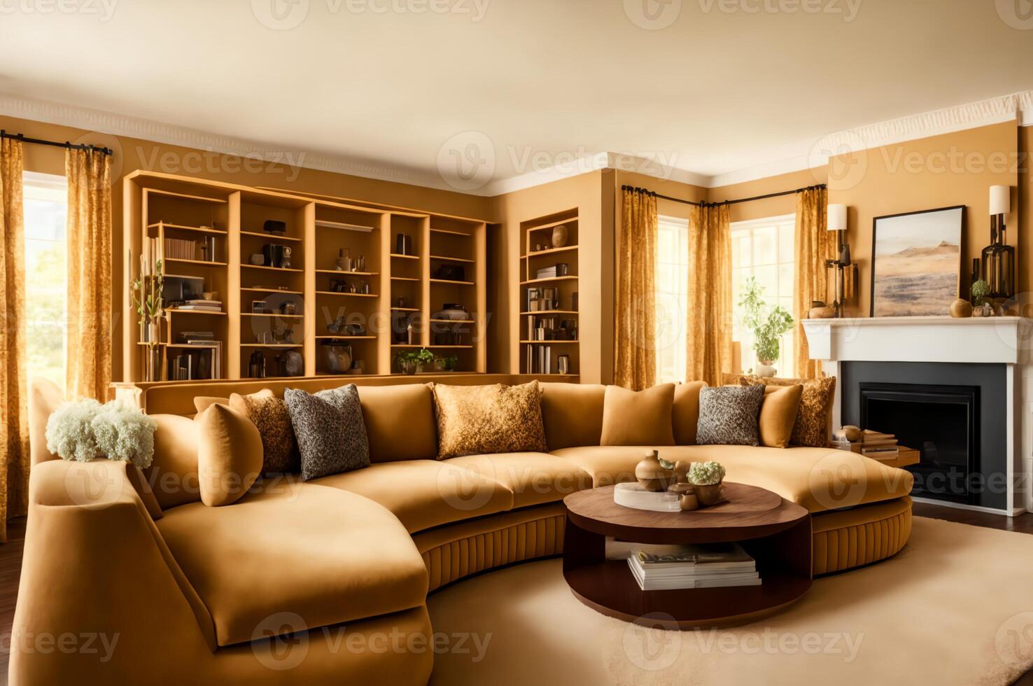 elegante vivo habitación con lujoso mueble y arquitectónico diseño en exclusivo residencial hogar, ai generado foto