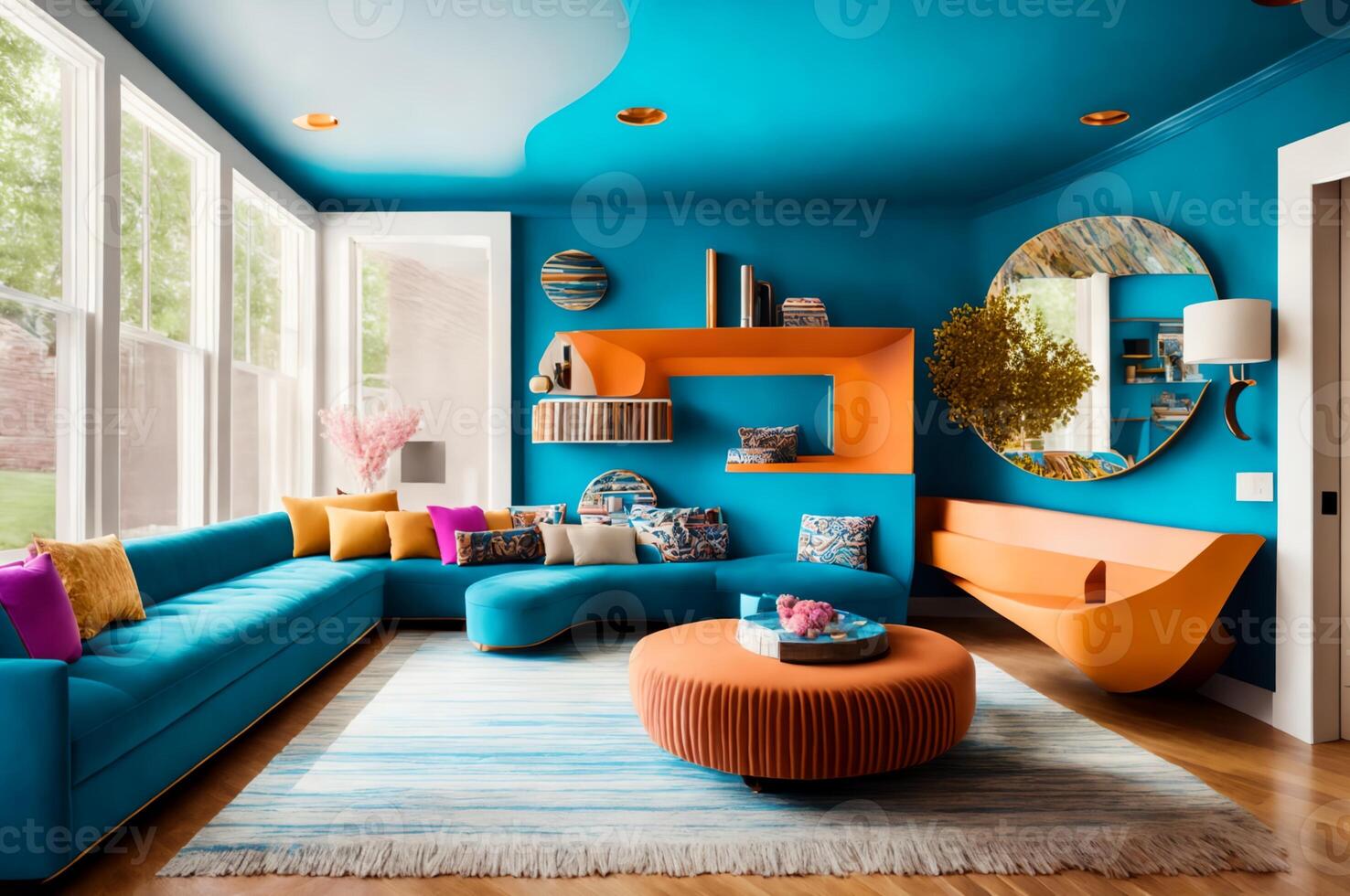 elegant living room with luxurious furniture, modern architecture, and expansive windows showcasing wealth and style, photo